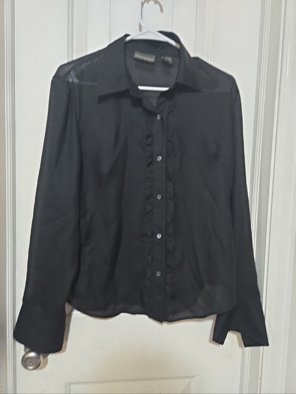 Banana Republic Large 100% Silk Black Sheer Ruffle Button Front Blouse
